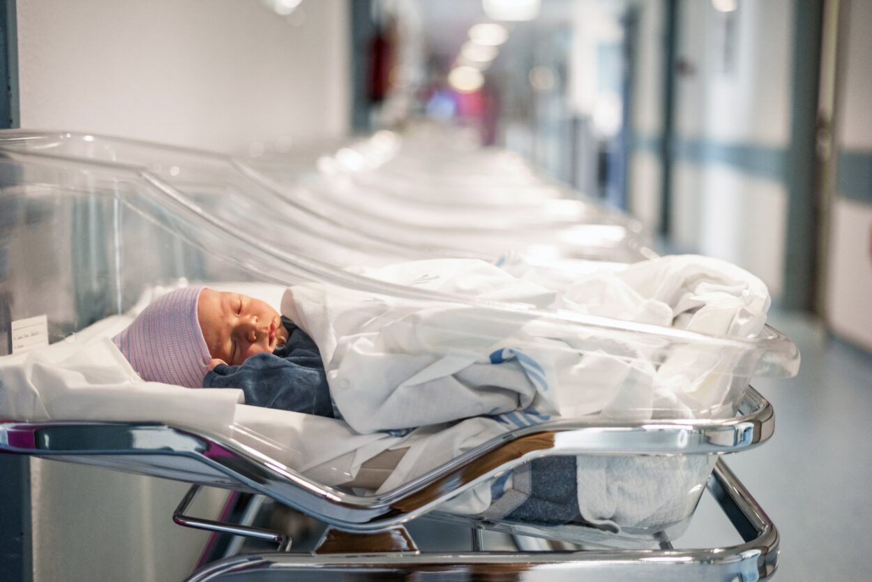 Infant in incubator in maternity ward