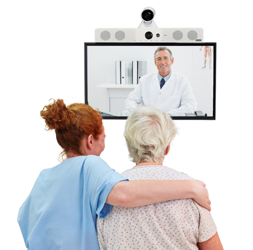 Nurse comforting patient during remote telehealth session with doctor.