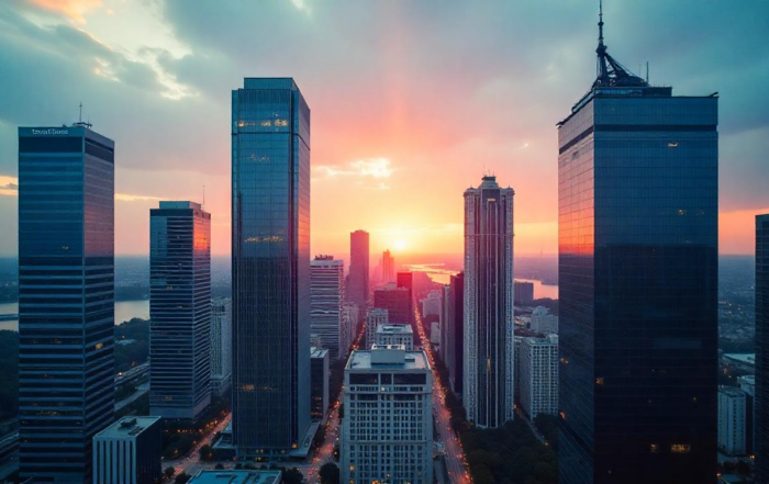 City skyline with bright sunshine in the background