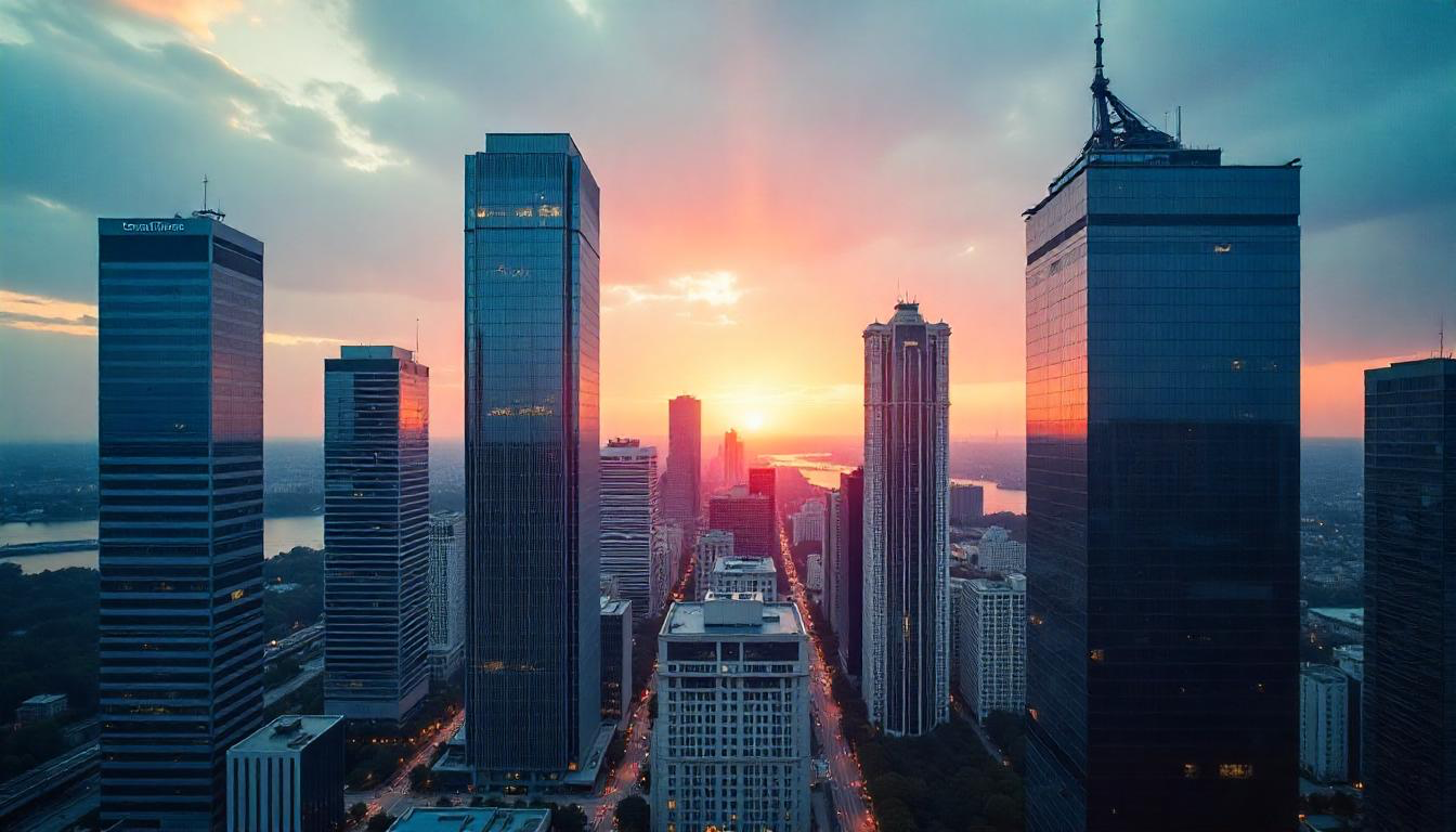 City skyline with bright sunshine in the background