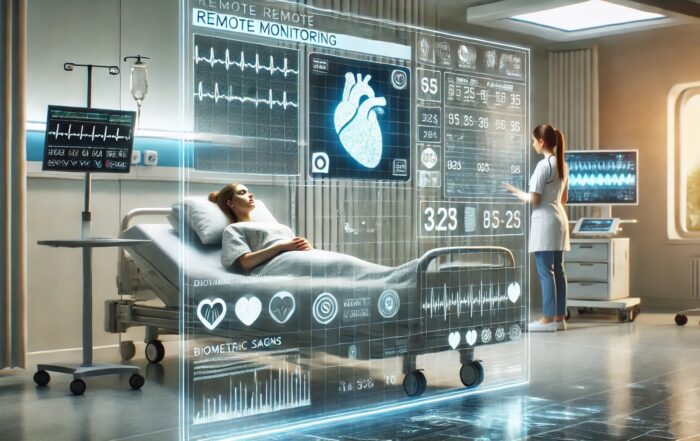 Futuristic image of hospital room with remote monitoring graphics