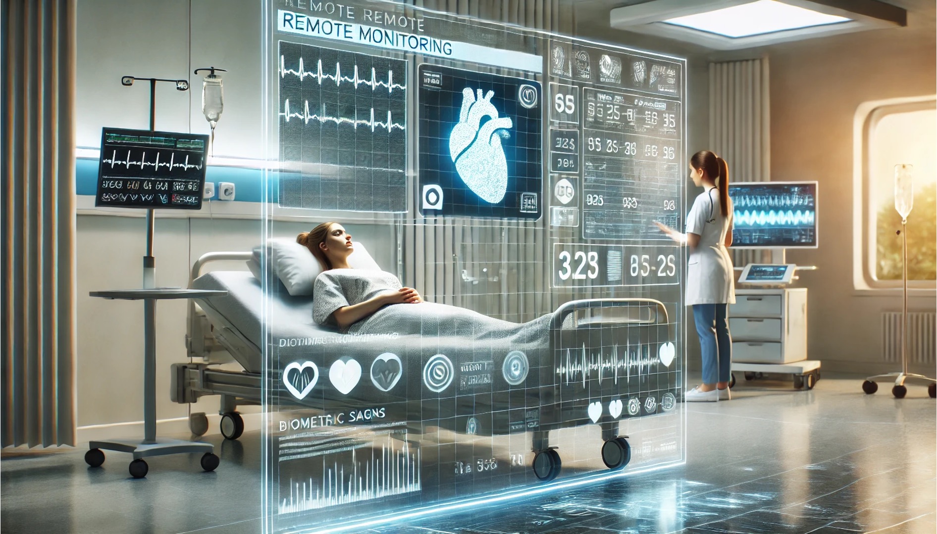 Futuristic image of hospital room with remote monitoring graphics