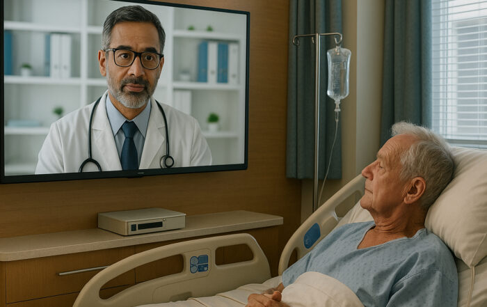 A remote physician is displayed on a TV screen in a hospital room, consulting with an elderly male patient