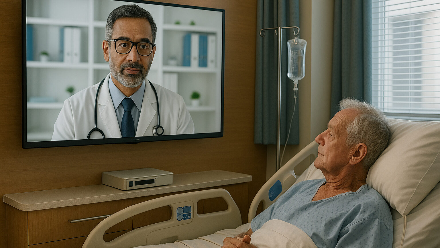 A remote physician is displayed on a TV screen in a hospital room, consulting with an elderly male patient