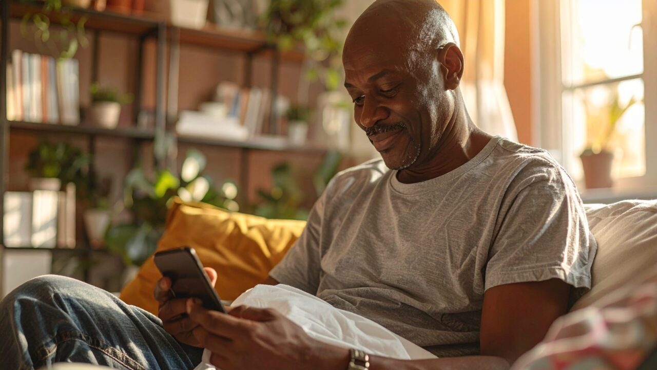 A cancer patient uses a smartphone to message their care team from home, illustrating AI-powered virtual oncology support between clinic visits.