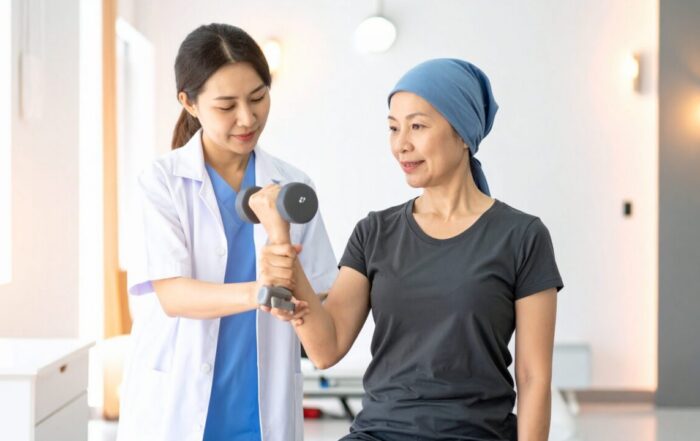 A breast cancer patient performing resistance training with light weights in a rehabilitation or exercise oncology setting.