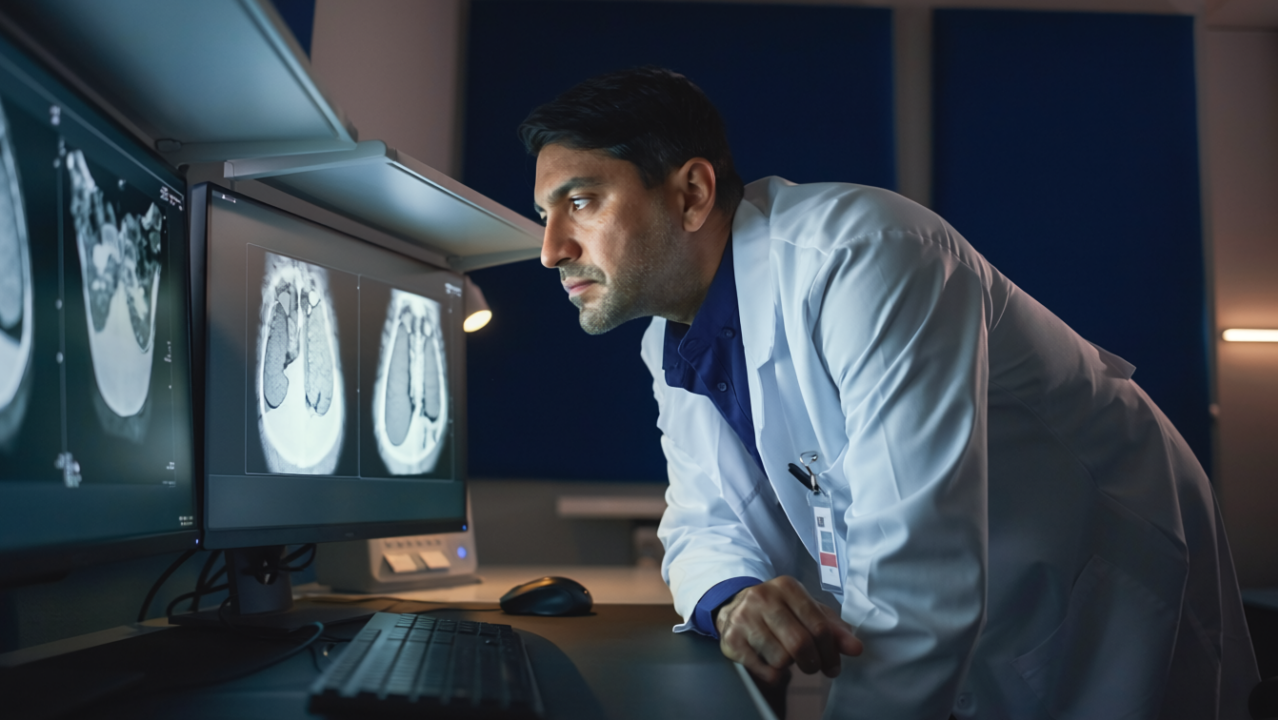 A radiologist reviews mammography images on a diagnostic workstation in a modern clinical setting.