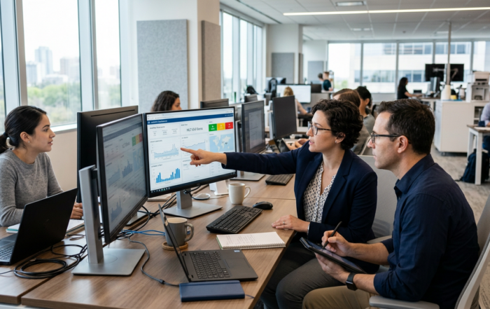 A small team of healthcare technology professionals collaborating at a workstation in a modern clinical environment, reviewing patient workflow data on screen.