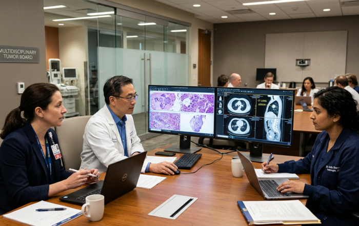 Clinical team reviewing imaging and pathology data on digital displays during a multidisciplinary tumor board meeting